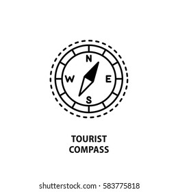 Vector logo with tourist compass isolated on white. Design concept for tourist industry and outdoor activity in line style