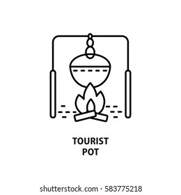Vector logo with tourist kettle isolated on white. Design concept for eco tourism and outdoor activity in line style