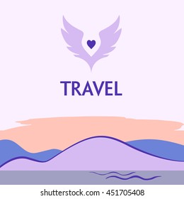 Vector logo for tourist trip. Color wings the sky. Hand drawn logotype for travel company.