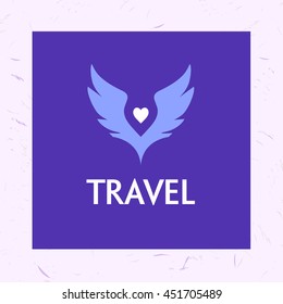 Vector logo for tourist trip. Color wings the sky. Hand drawn logotype for travel company.