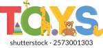 Vector logo for toy store. Label with colorful letters and toys. Logo template. Toy store emblem design. Logotype for kids store.