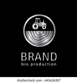 Vector logo of tractor. Bio healthy local food illustration in silver gradient. Agriculture label, sign, symbol, icon