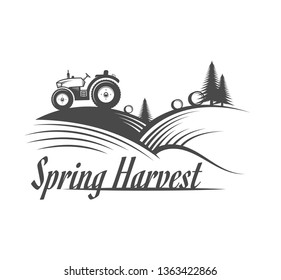 Vector logo tractor. Harvesting machine. Icon symbol, emblem, element. Logotype for engineering, auto parts, agriculture.