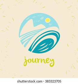 Vector Logo Travel Company. Tourist Trip. The Journey In The Sky, Landscape. Hand Drawn Logo In A Circle.