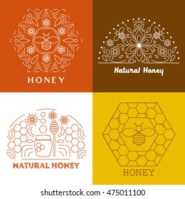 Vector logo  trendy linear style - natural honey concepts - labels and tags with bees, honeycombs and flowers