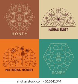 Vector logo  trendy linear style - natural honey concepts - labels and tags with bees, honeycombs and flowers