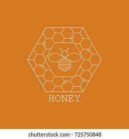 Vector logo  trendy linear style - natural honey concepts - labels and tags with bees, honeycombs and flowers