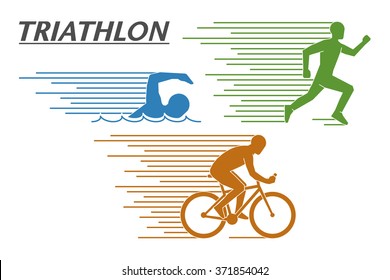 Vector logo triathlon on a white background. Flat figures triathletes. Swimming, cycling and running symbol.