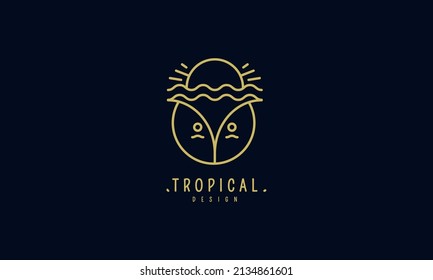 Vector logo of tropical coconut, waves and sunset. Design logo of business, holiday, travel agency, ecology and resort concept, tourism, spa and natural cosmetics. Symbols, logo illustrations. Vector