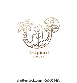 Vector logo of tropical forest in doodle style. Linear emblem of palm and trees for design of business, holiday, travel agency, ecology and resort concept, tourism, spa and yoga Center.