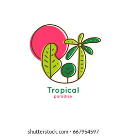 Vector logo of tropical forest with red sun on white isolated background. Linear emblem of palm and trees for design of business, holiday, travel agency, ecology concept, tourism, adventure and rest.