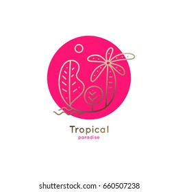 Vector logo of tropical forest with sun on red circle background. Linear emblem of palm and trees for design of business, holiday, travel agency, ecology concept, tourism, spa and yoga Center.