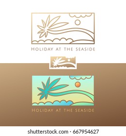 Vector logo of tropical landscape with sun, palm, wave, sky. Rectangular color and linear emblems for design of business, holiday, travel agency, ecology concept, tourism, adventure and rest.