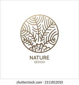 Vector logo of tropical leafs in circle. Palm leaf linear emblem for design of business, holiday, travel agency, ecology and resort concept, tourism, spa and natural cosmetics