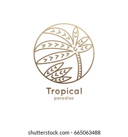 Vector logo of tropical leafs in circle. Palm leaf linear emblem for design of business, holiday, travel agency, ecology and resort concept, tourism, spa and natural cosmetics.