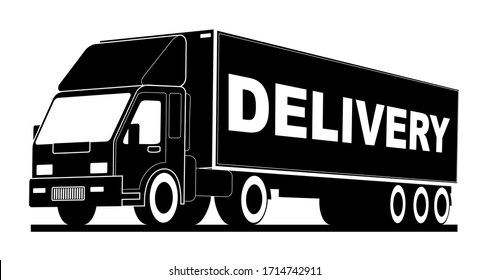 Vector logo truck, fast delivery of goods. Logo, emblem, banner of the logistics center, delivery, cargo, heavy weight. Black and white color, monochrome style.