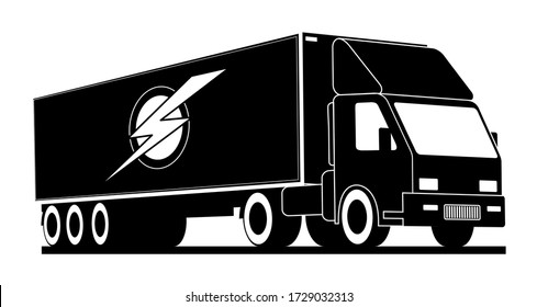 Vector logo truck, fast delivery of goods. Logo, emblem, banner of the logistics center, delivery, cargo, heavy weight. Black and white color, monochrome style, lightning.