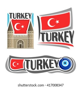 Vector logo for Turkey, consisting of 3 isolated illustrations: Topkapi Palace in Istanbul on background of national state flag, symbol of Turkey and turkish flag beside amulet Nazar boncugu close-up