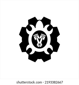 Vector logo of a turtle design with a wrench concept on a gear background and two pistons in the middle.