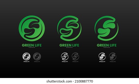 logotipo vectorial de dos hojas adyacentes en gradación verde con varias aplicaciones de logotipo acompañadas del logotipo en escala de grises y en formato EPS