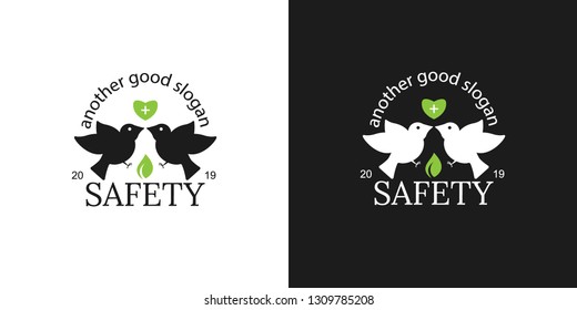 Vector logo in two colors with the image of two birds, a leaflet, a heart and a plus symbol. Symbolizes health, purity, freedom, friendship and everything positive.
