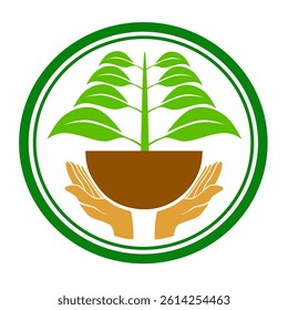 Vector logo of two hands holding a bowl with green plants inside a circular emblem. Ideal for environmental awareness concepts, nature protection, sustainability, agriculture, ecological campaigns.
