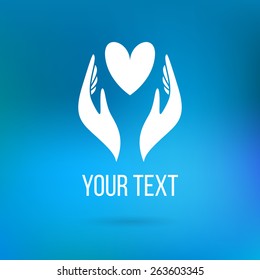 Vector logo with two hands holding heart. Concept of love, care, family, safety, insurance, help, share, empathy, forgiveness, giving, donation, charity