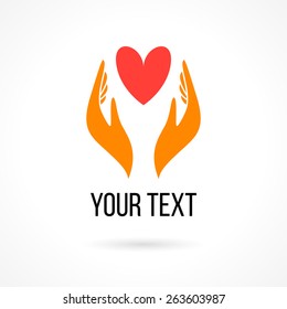 Vector logo with two hands holding heart. Concept of love, care, family, safety, insurance, help, share, empathy, forgiveness, giving, donation, charity