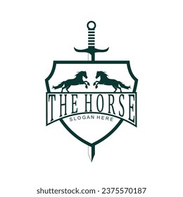 vector logo of two horses facing each other, one sword in the middle.