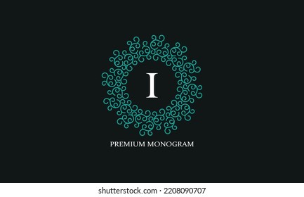 Logo del vector con letra mayúscula I. Monograma en forma de papel circular, lugar de texto para productos de lujo, joyería, moda, belleza y compañía.