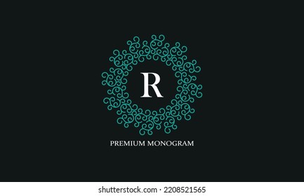 Logo del vector con letra mayúscula R. Monograma en forma de papel circular, lugar de texto para productos de lujo, joyería, moda, belleza y compañía.