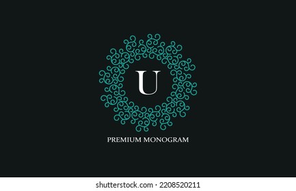 Vector logo with uppercase letter U. Monogram in the form of circular paper, place for text for luxury products, jewelry, fashion, beauty and company.