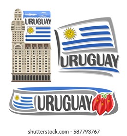 Vector logo Uruguay, isolated images: salvo palace in Montevideo on national state Uruguayan Flag, architecture symbol of uruguayan republic, simple flag uruguay near ceibo flower for independence day