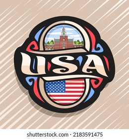 Vector logo for USA country, fridge magnet with flag of United States of America, original brush typeface for word usa and national symbol - Independence Hall in Philadelphia on cloudy sky background