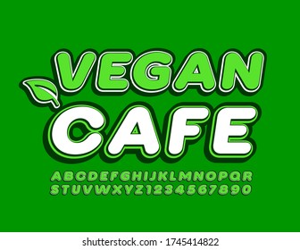 Vector logo Vegan Cafe with decorative Leaf. Retro style Alphabet Letters and Numbers. Green trendy Font