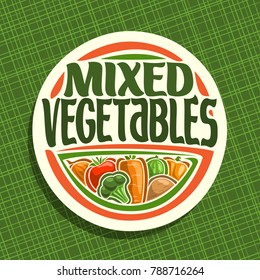 Vector logo for Vegetables, sign with set of onion, ripe tomato, carrot tuber, green cauliflower, raw potato for summer salad, veg mix label with title text mixed vegetables for vegan store.