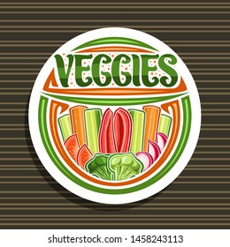 Vector logo for Veggies, white tag with illustration of raw vegetables group in a row, decorative typeface for word veggies, design signage for farmer shop with different chopped vegetables flat lay.