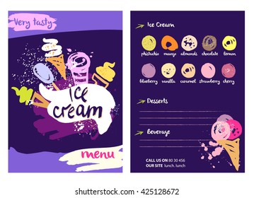 Vector logo with very tasty ice cream illustration. Different kinds sweet drinks and desserts with fruit flavors on a colored background in a restaurant or cafe menu.