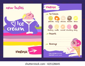 Vector logo with very tasty new ice cream illustration. Different kinds sweet drinks and desserts with fruit flavors on a colored background in a restaurant or cafe menu.