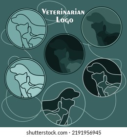 Logo vector de la clínica veterinaria. Líneas de contorno de animales perro, gato, conejo, hámster en el contorno. 