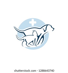 Vector logo for veterinary clinic.logo for a pet shop. Silhouette of the dog and cat with circle shape and medical cross background. logo for veterinary services