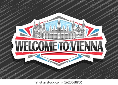 Vector logo for Vienna, white badge with draw illustration of famous Vienna City Hall and historic Kirche Maria vom Siege on sky background, tourist fridge magnet with black words welcome to vienna.