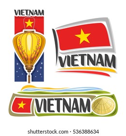 Vector logo Vietnam, 3 isolated images: vertical banner traditional paper lantern with plum blossom on background vietnamese national state flag, conical hat non la, republic of vietnam ensign flags.