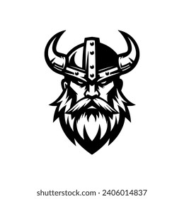 Logo vector de una cabeza Viking. logotipo en blanco y negro del tipo nórdico. adecuado para tatuajes, emblemas, logotipo