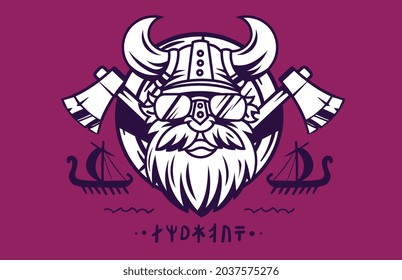 Vector Logo Viking Head in Helmet with Horns, Axe and Drakkar. Line Art Flat Style Design of Viking Logotype on Red Background