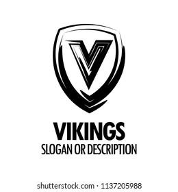Vector Logo with Vikings Medieval Shield isolated on white background. Style Emblem with Caption for Protection, Security or Sport company