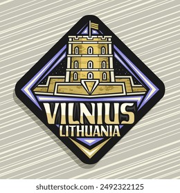 Vector logo for Vilnius, dark rhomb road sign with line illustration of famous gediminas tower in vilnius on nighttime sky background, decorative urban refrigerator magnet with text vilnius, lithuania