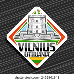Vector logo for Vilnius, white rhomb road sign with line illustration of famous gediminas tower in vilnius on day sky background, decorative urban refrigerator magnet with black text vilnius lithuania