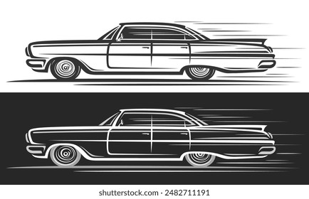 Vector logo for Vintage American Car, automotive decorative banners with simple illustration of elegant car in moving, artwork of running monochrome power expensive car on black and white background