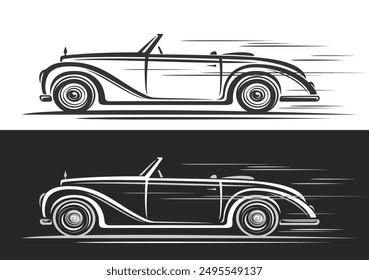 Vector logo for Vintage Cabriolet Car, automotive banners with clip art illustration of convertible concept car in moving, line art running monochrome vintage cabrio car on black and white background